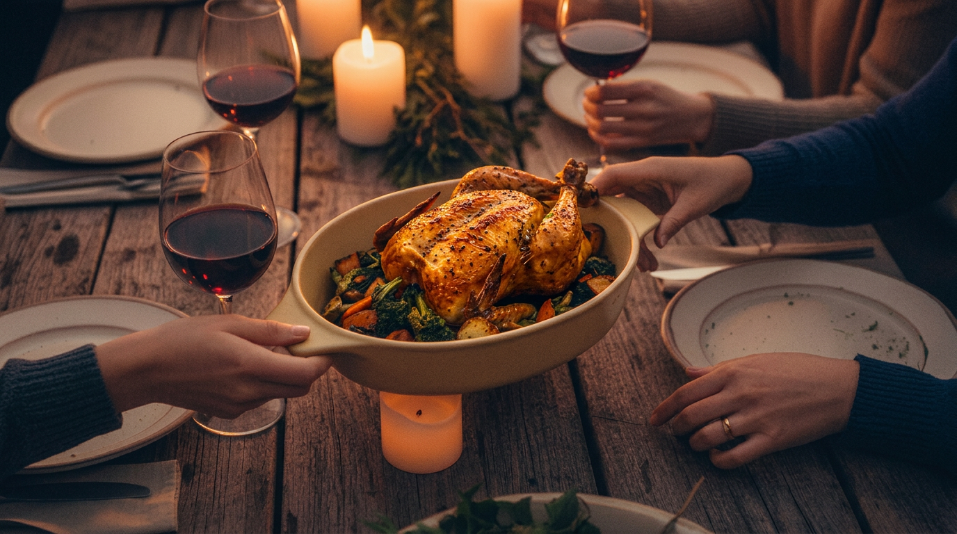Repas partagé à la maison autour d'une grande tablée